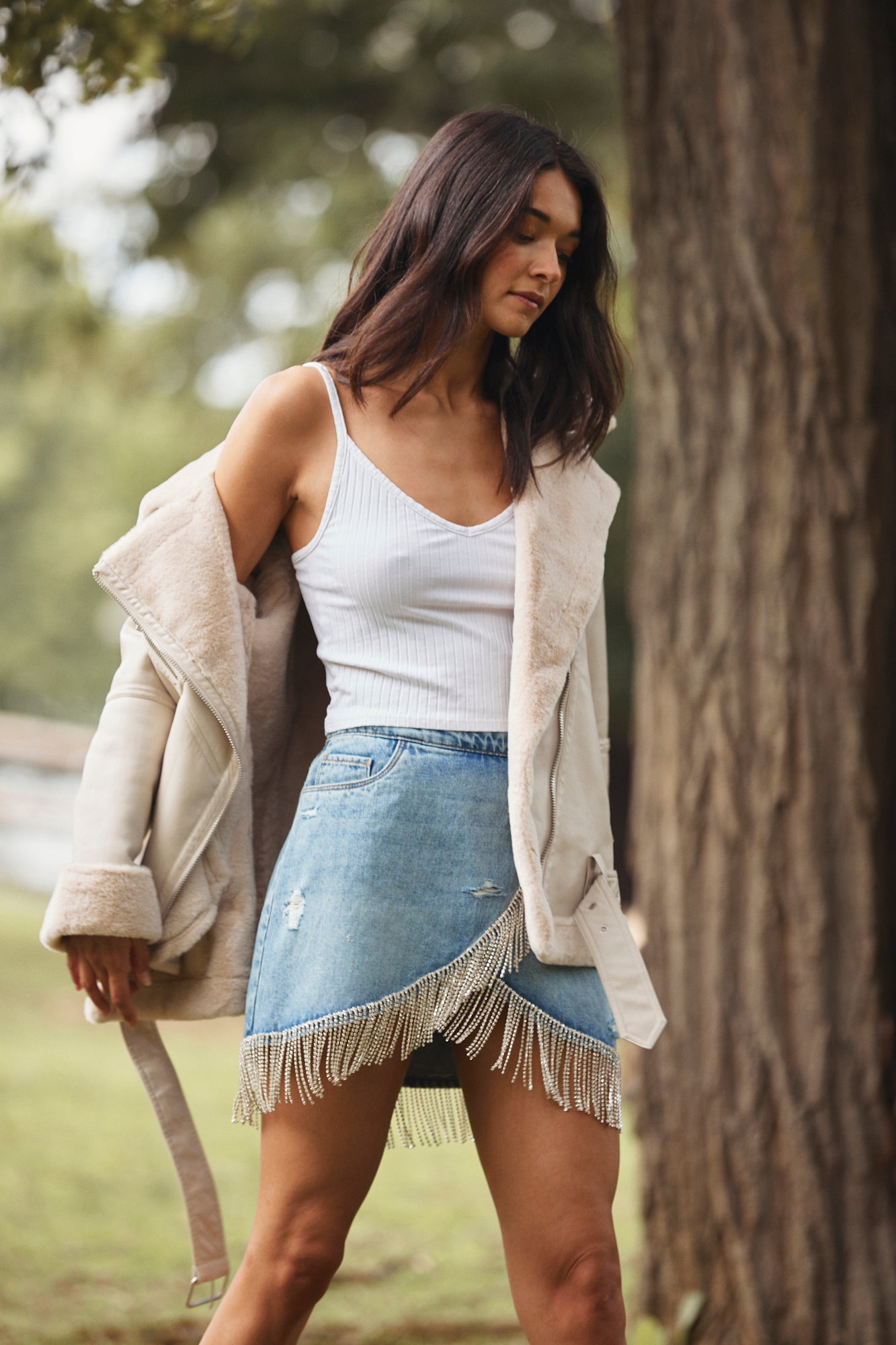 Rhinestone Fringe Denim Skirt Tummy Control Denim Rhinestone