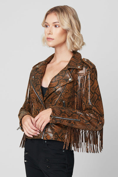 Lyssé Liana Faux Shearling Collar Faux Snakeskin Moto Jacket in Brown